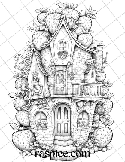 50 Strawberry Houses Grayscale Coloring Pages Printable for Adults Kids, PDF File Instant Download