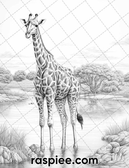 55 Wild Animals Grayscale Coloring Pages for Adults, Printable PDF Instant Download
