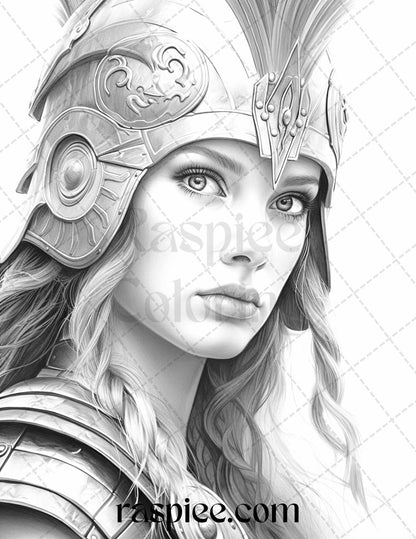 Greek Women Warriors Grayscale Coloring Pages for Adults, Printable PDF File Instant Download