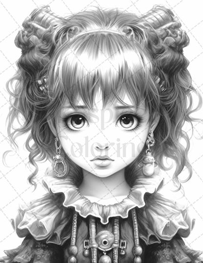 60 Adorable Gothic Girls Grayscale Coloring Pages Printable for Adults, PDF File Instant Download