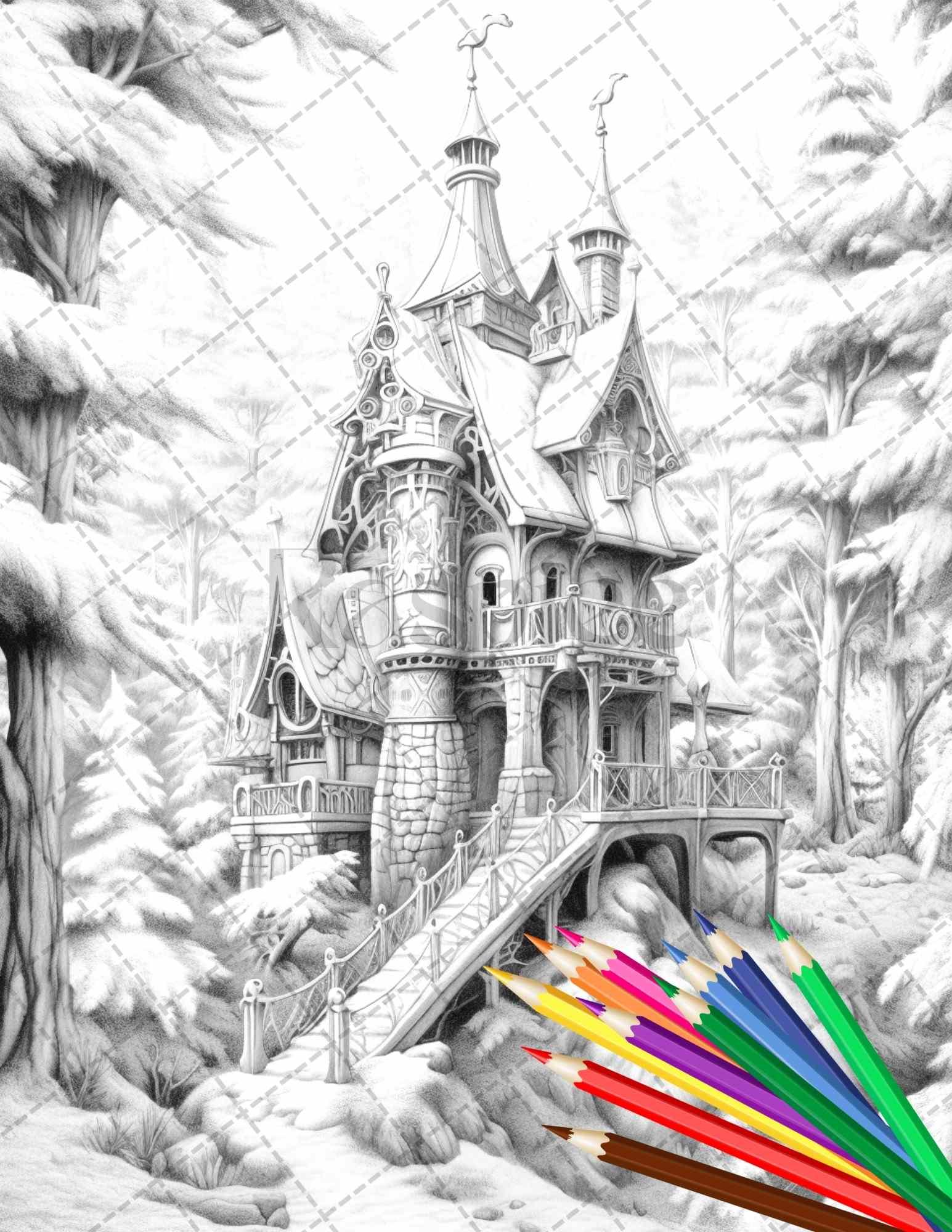 63 Winter Fairy Houses Grayscale Coloring Pages Printable for Adults, PDF File Instant Download