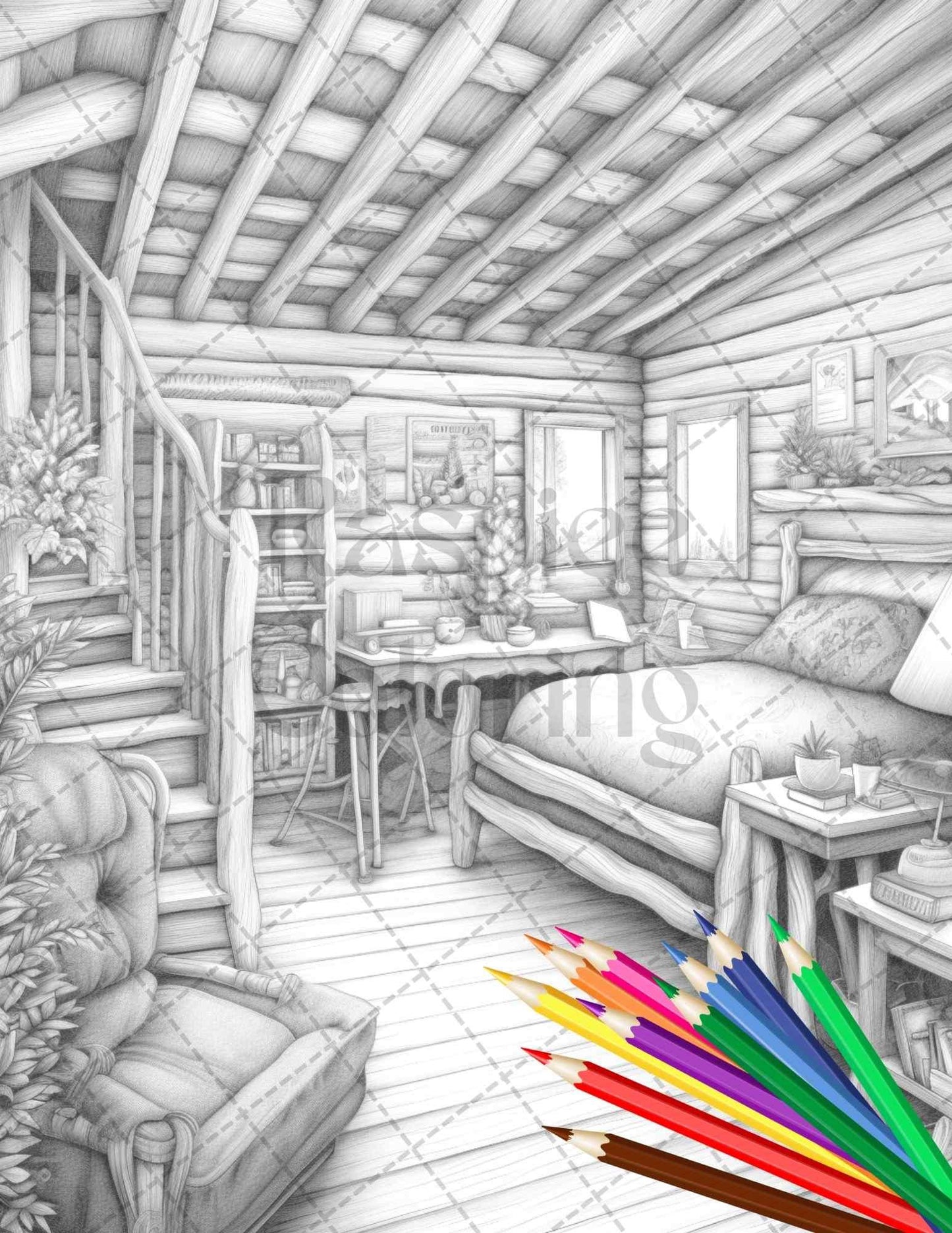 Cozy Cabin Interior Grayscale Coloring Pages Printable for Adults, PDF File Instant Download
