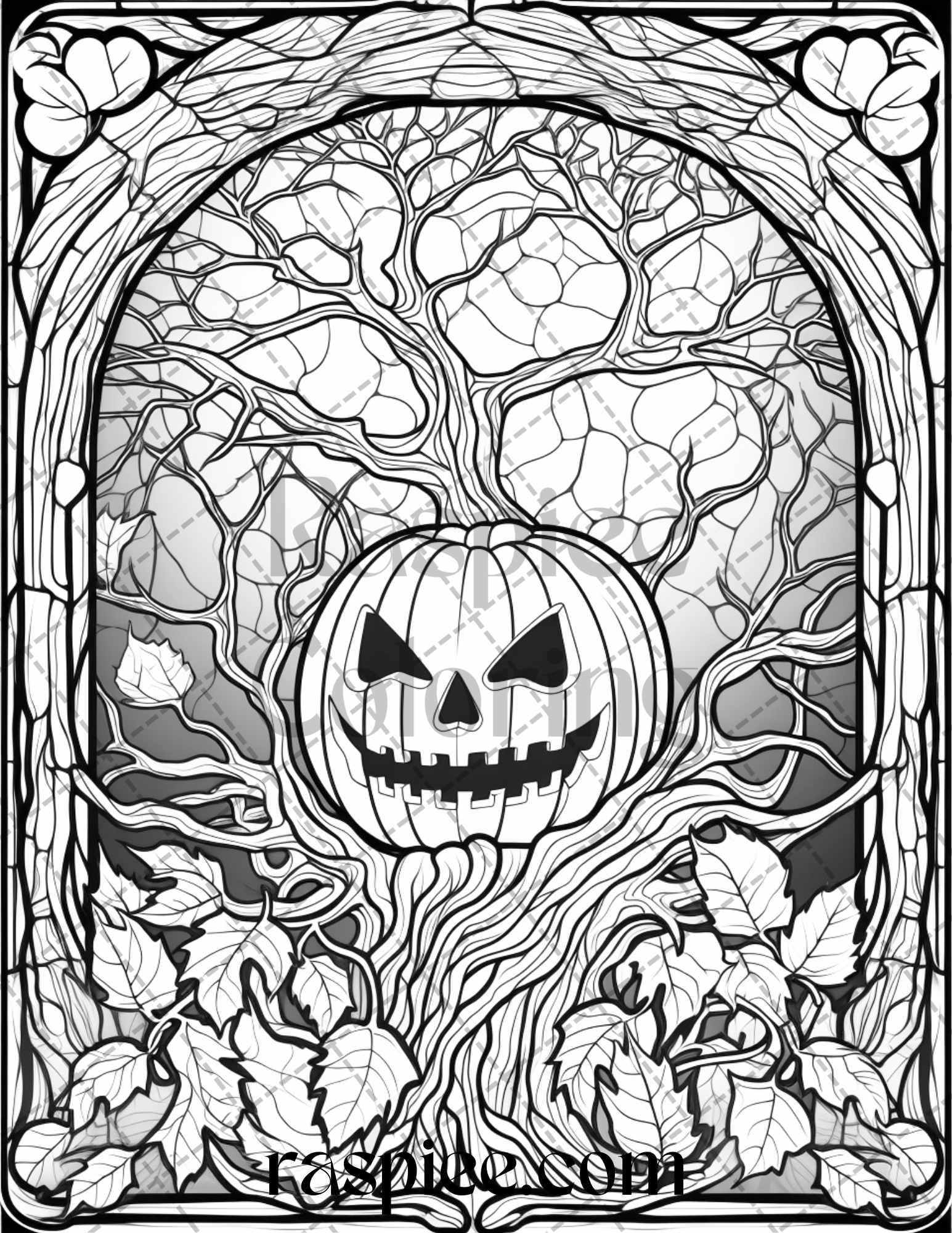70 Halloween Stained Glass Grayscale Coloring Pages Printable for Adults, PDF File Instant Download