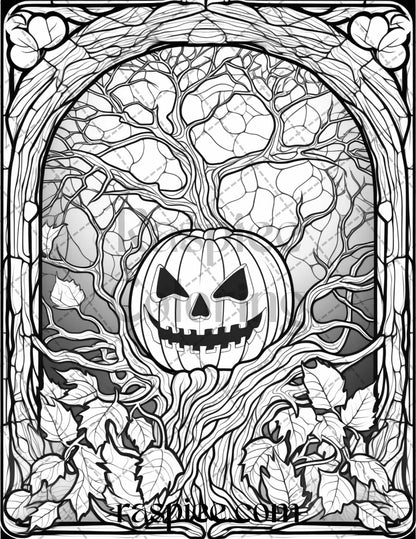 70 Halloween Stained Glass Grayscale Coloring Pages Printable for Adults, PDF File Instant Download