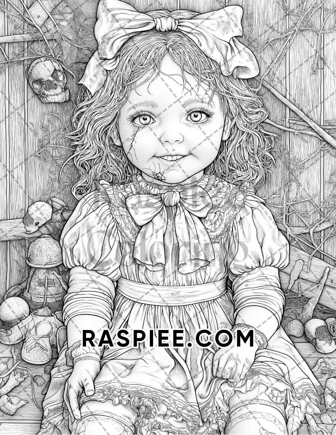 Haunted Dolls Halloween Horror Adult Coloring Pages Printable PDF Instant Download