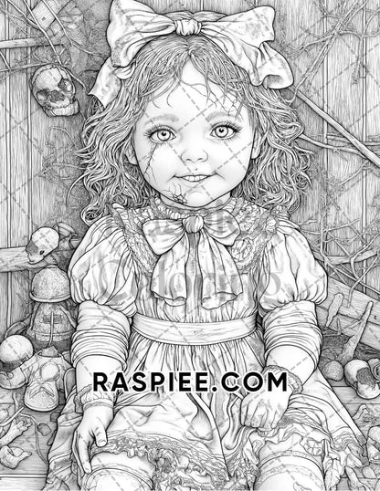 Haunted Dolls Halloween Horror Adult Coloring Pages Printable PDF Instant Download