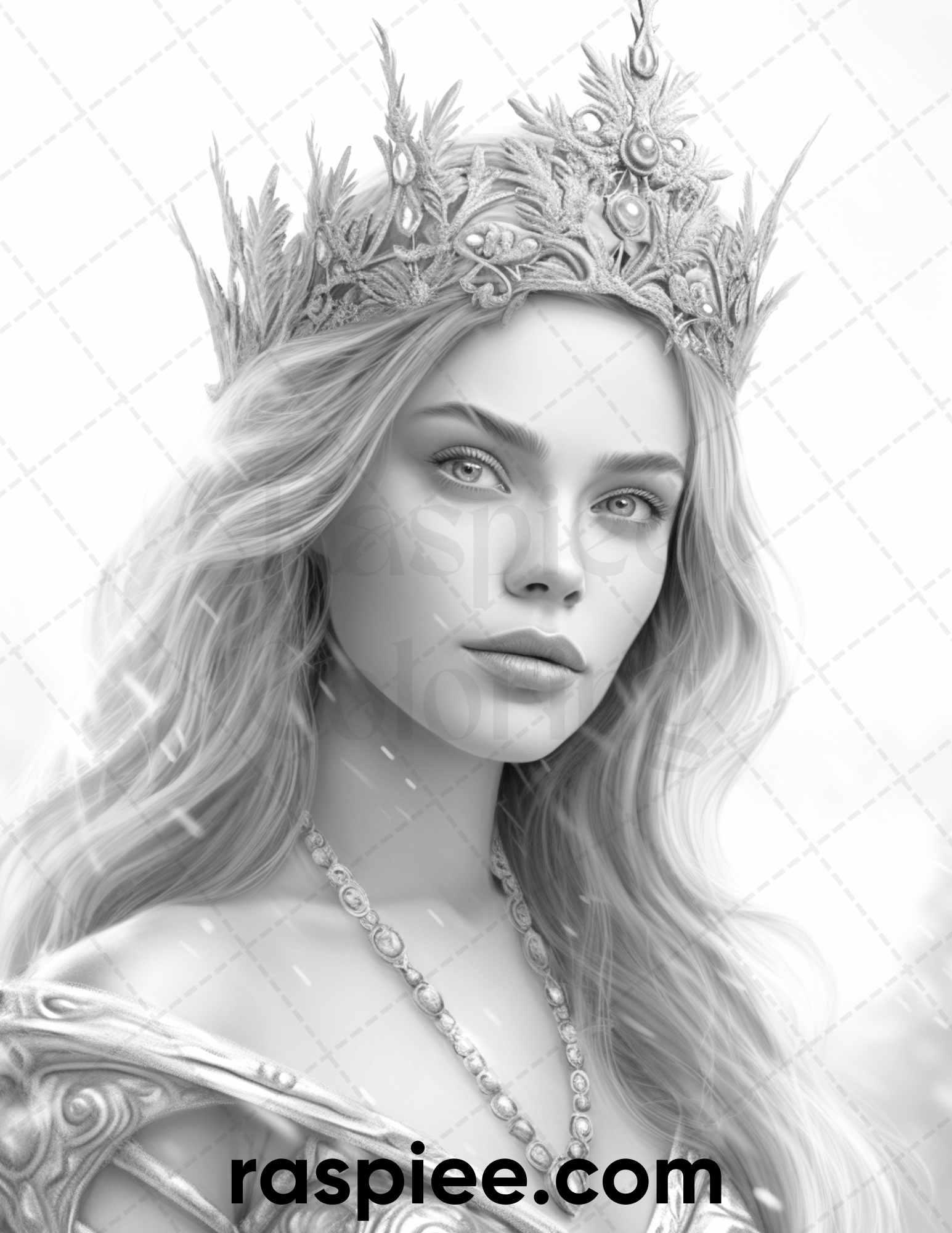50 Winter Queens Portrait Grayscale Coloring Pages Printable for Adults, PDF File Instant Download
