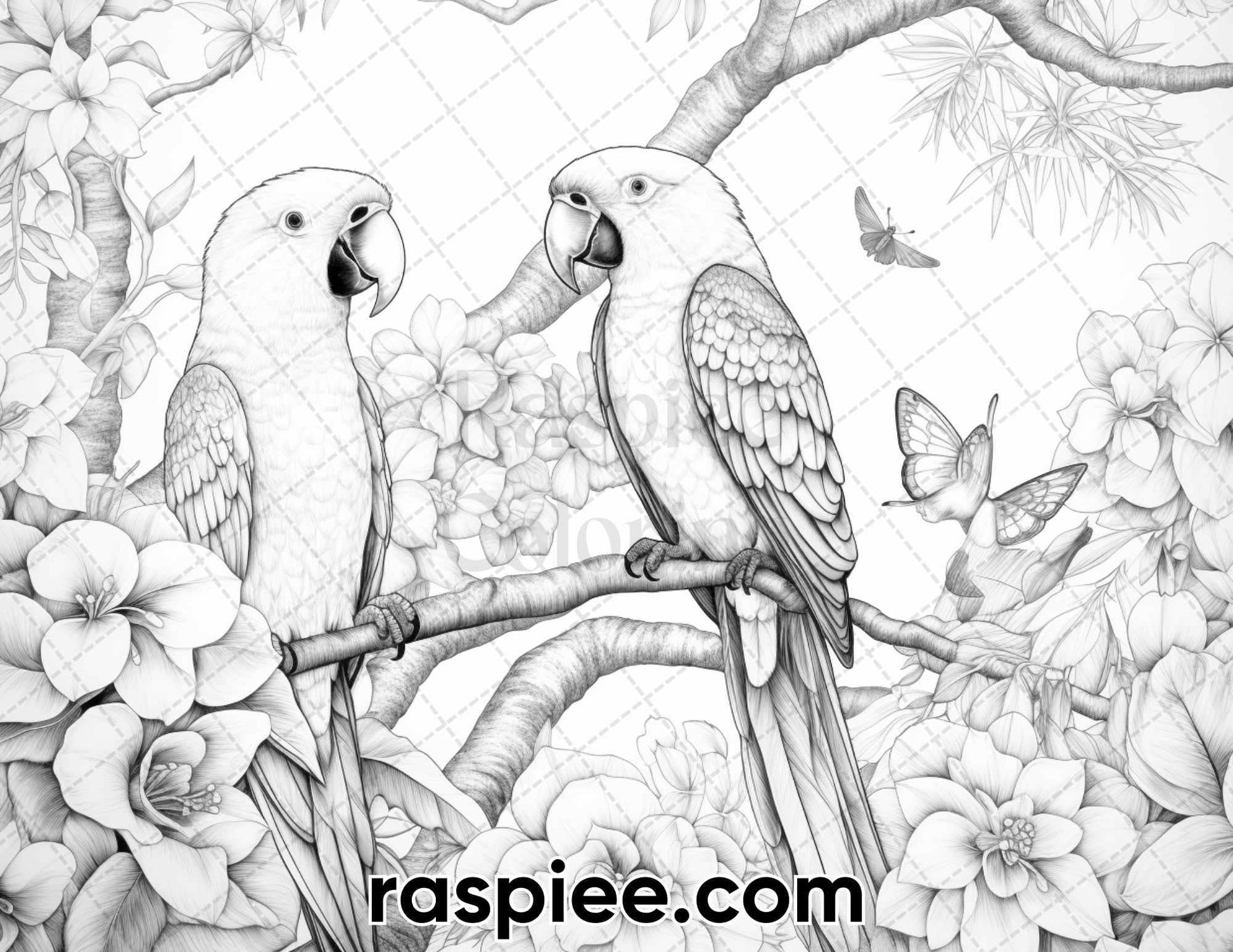 50 Tropical Paradise Grayscale Adult Coloring Pages, Printable PDF Instant Download