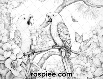50 Tropical Paradise Grayscale Adult Coloring Pages, Printable PDF Instant Download