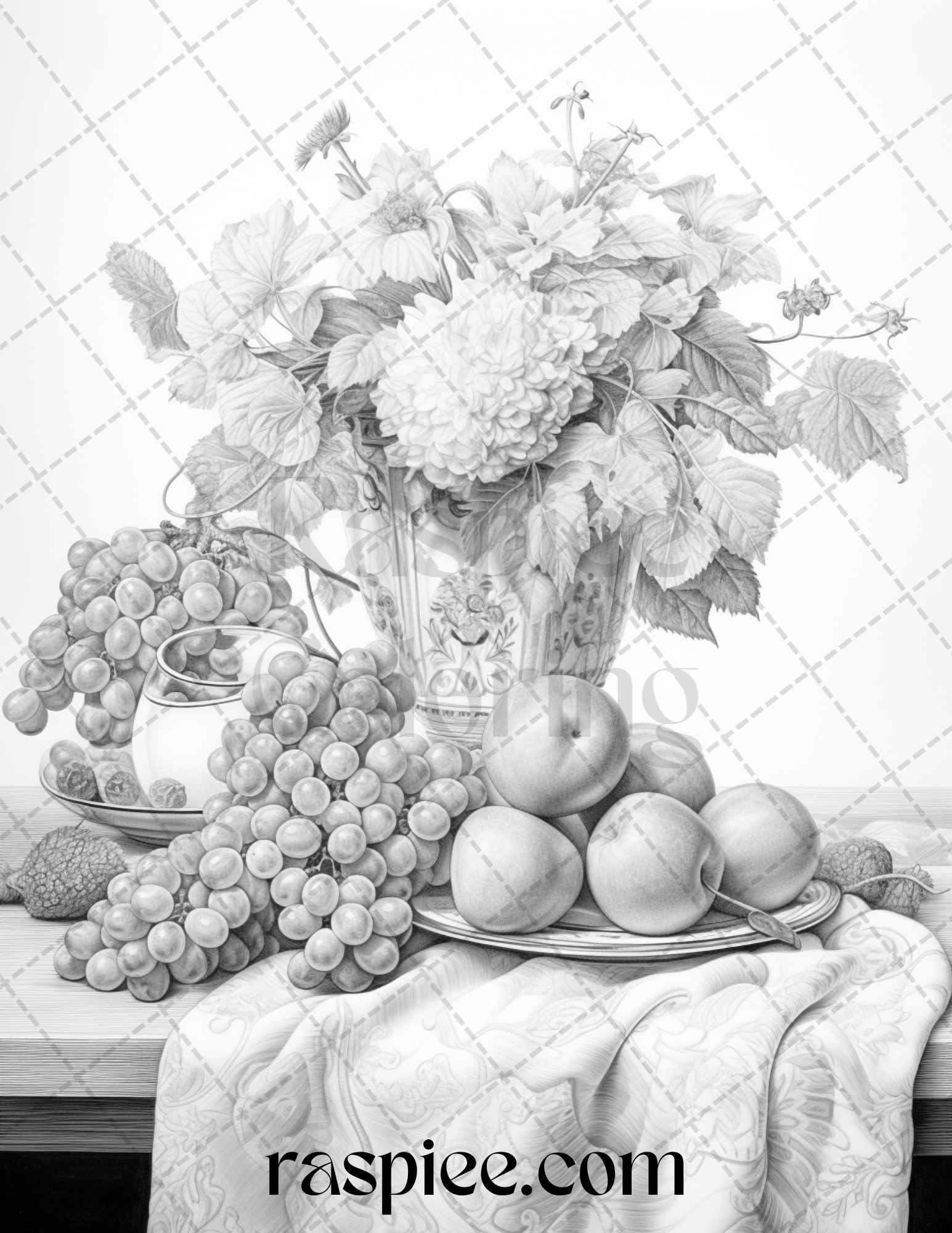 52 Still Life Grayscale Coloring Pages Printable for Adults, PDF File Instant Download