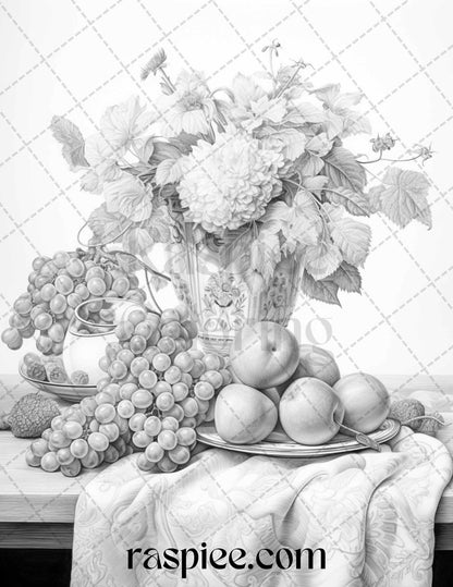 52 Still Life Grayscale Coloring Pages Printable for Adults, PDF File Instant Download
