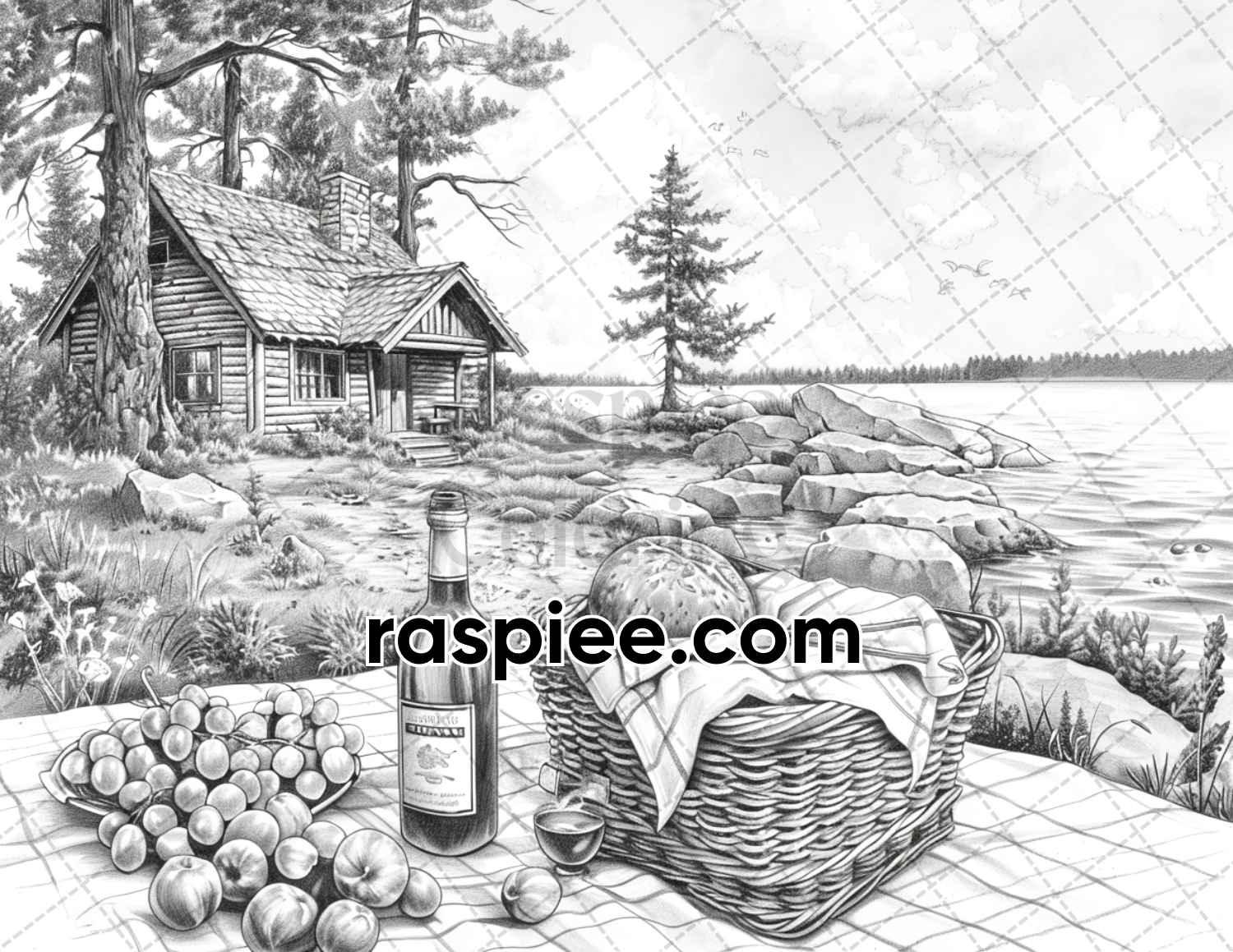 62 Serene Lakeside Cabins Grayscale Adult Coloring Pages, Printable PDF Instant Download