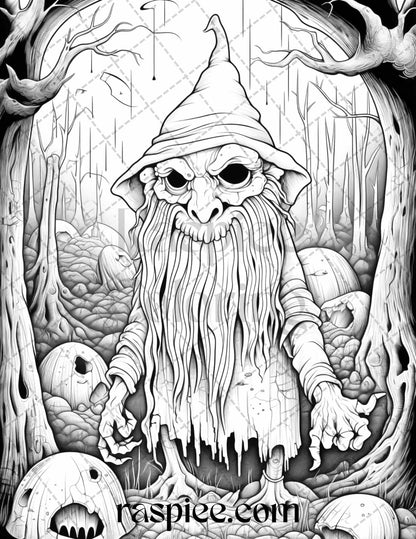 50 Horror Zombie Gnomes Grayscale Coloring Pages Printable for Adults, PDF File Instant Download