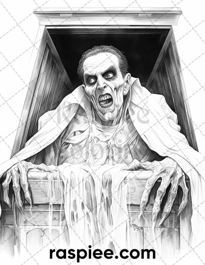 50 Count Dracula Grayscale Coloring Pages Printable for Adults, PDF File Instant Download