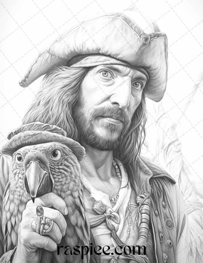 60 Pirate Life Grayscale Coloring Pages Printable for Adults, Stress Relief Coloring, PDF File Instant Download