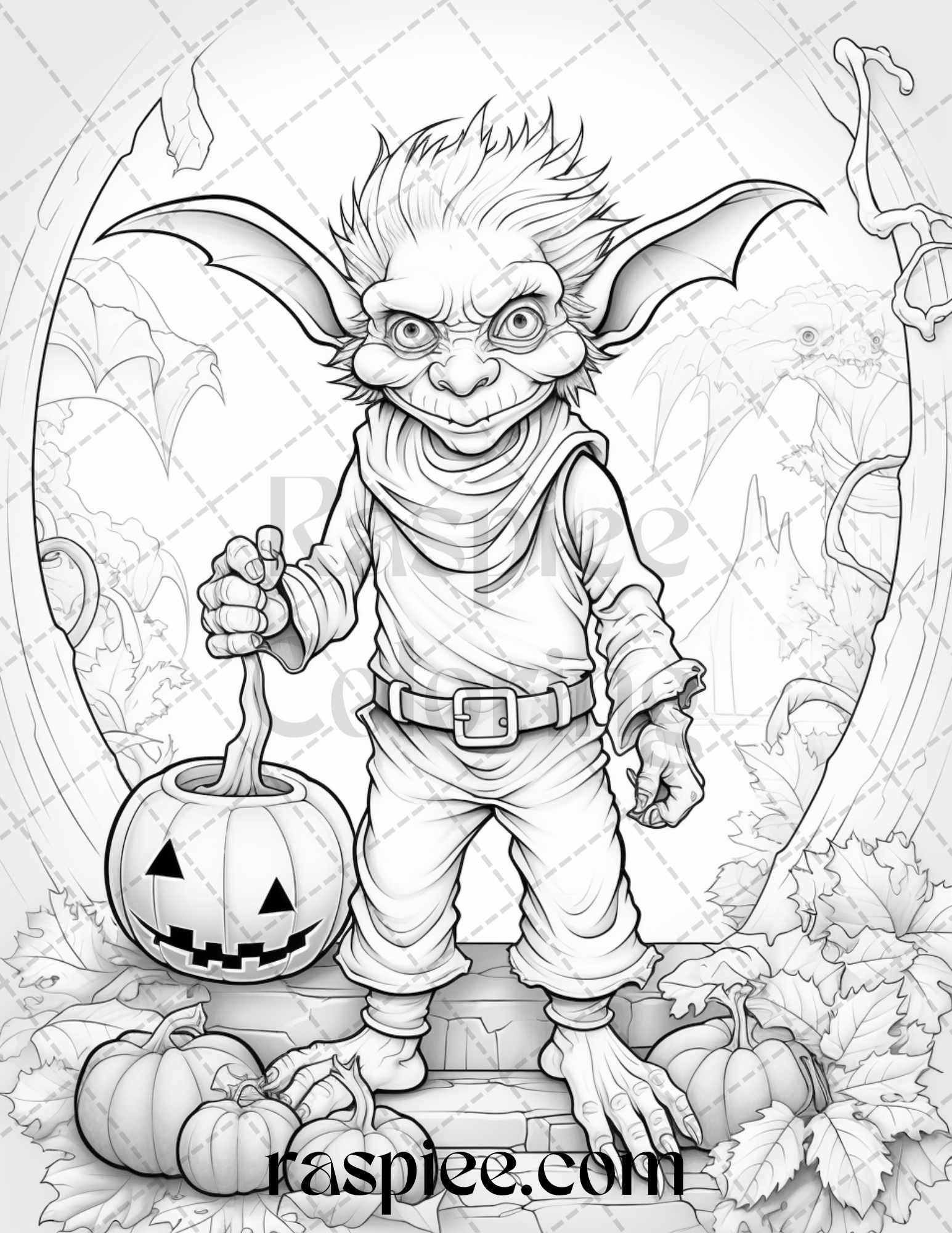 50 Halloween Goblin Grayscale Coloring Pages Printable for Adults, PDF File Instant Download