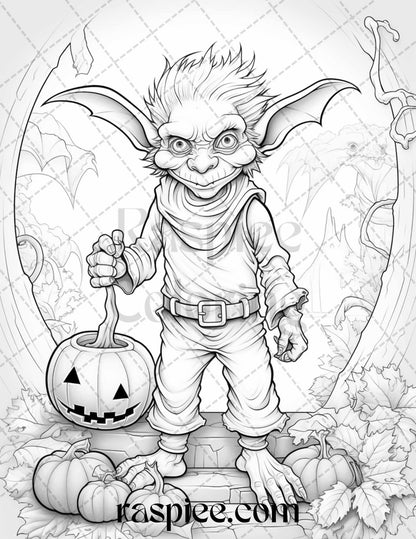50 Halloween Goblin Grayscale Coloring Pages Printable for Adults, PDF File Instant Download