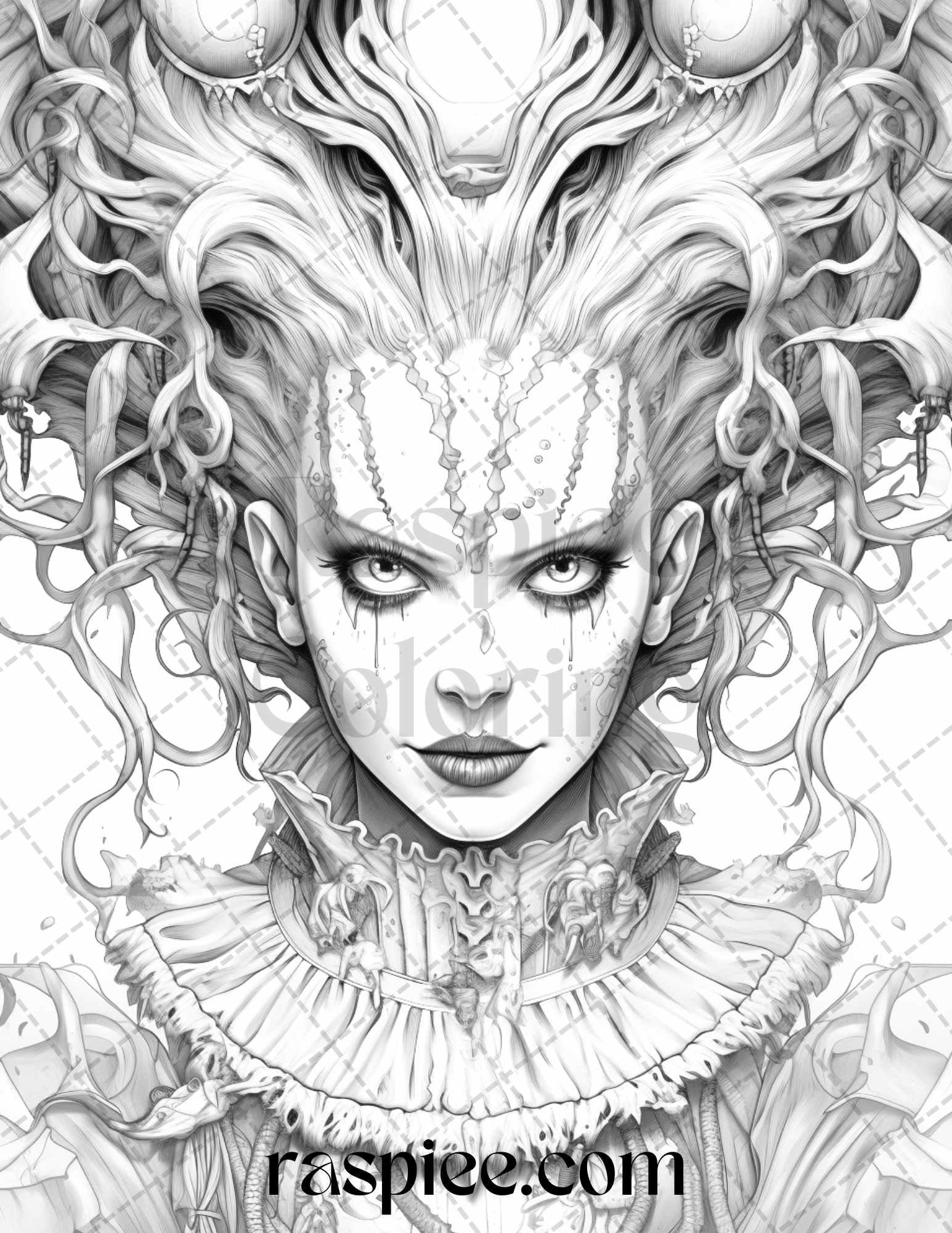 50 Scary Clown Girls Grayscale Coloring Pages Printable for Adults, PDF File Instant Download