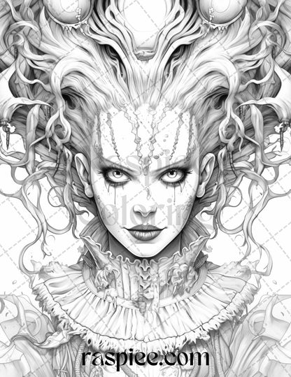 50 Scary Clown Girls Grayscale Coloring Pages Printable for Adults, PDF File Instant Download