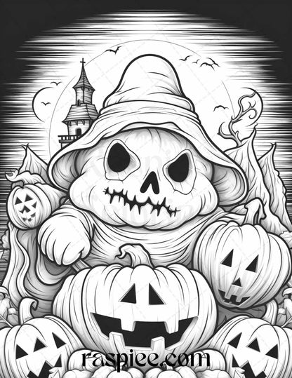 50 Halloween Cute Ghosts Grayscale Coloring Printable for Adults Kids, PDF File Instant Download