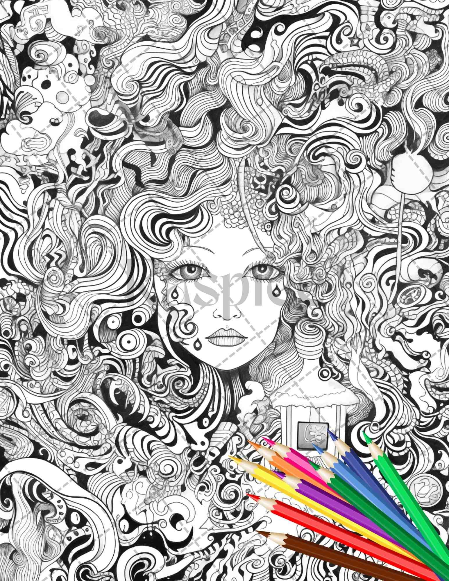 Psychedelic Trippy Coloring Book Printable for Adults, Grayscale Coloring Page, PDF File Instant Download