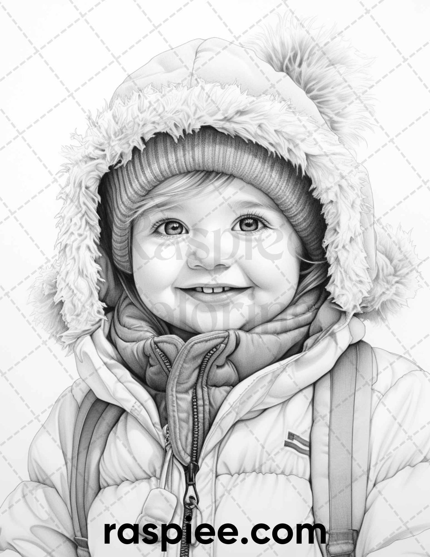 50 Baby Winter Portrait Grayscale Coloring Pages Printable for Adults, PDF File Instant Download
