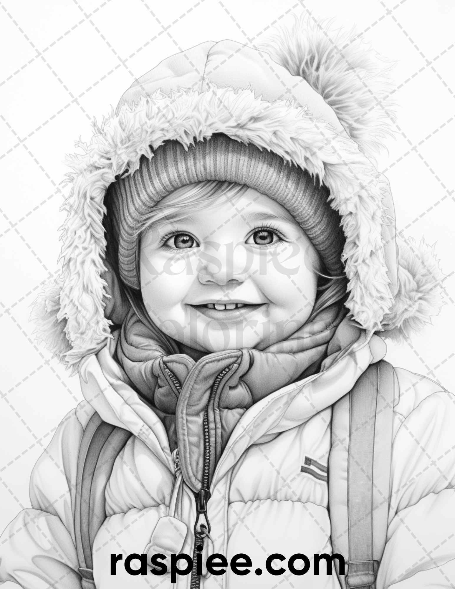 50 Baby Winter Portrait Grayscale Coloring Pages Printable for Adults, PDF File Instant Download