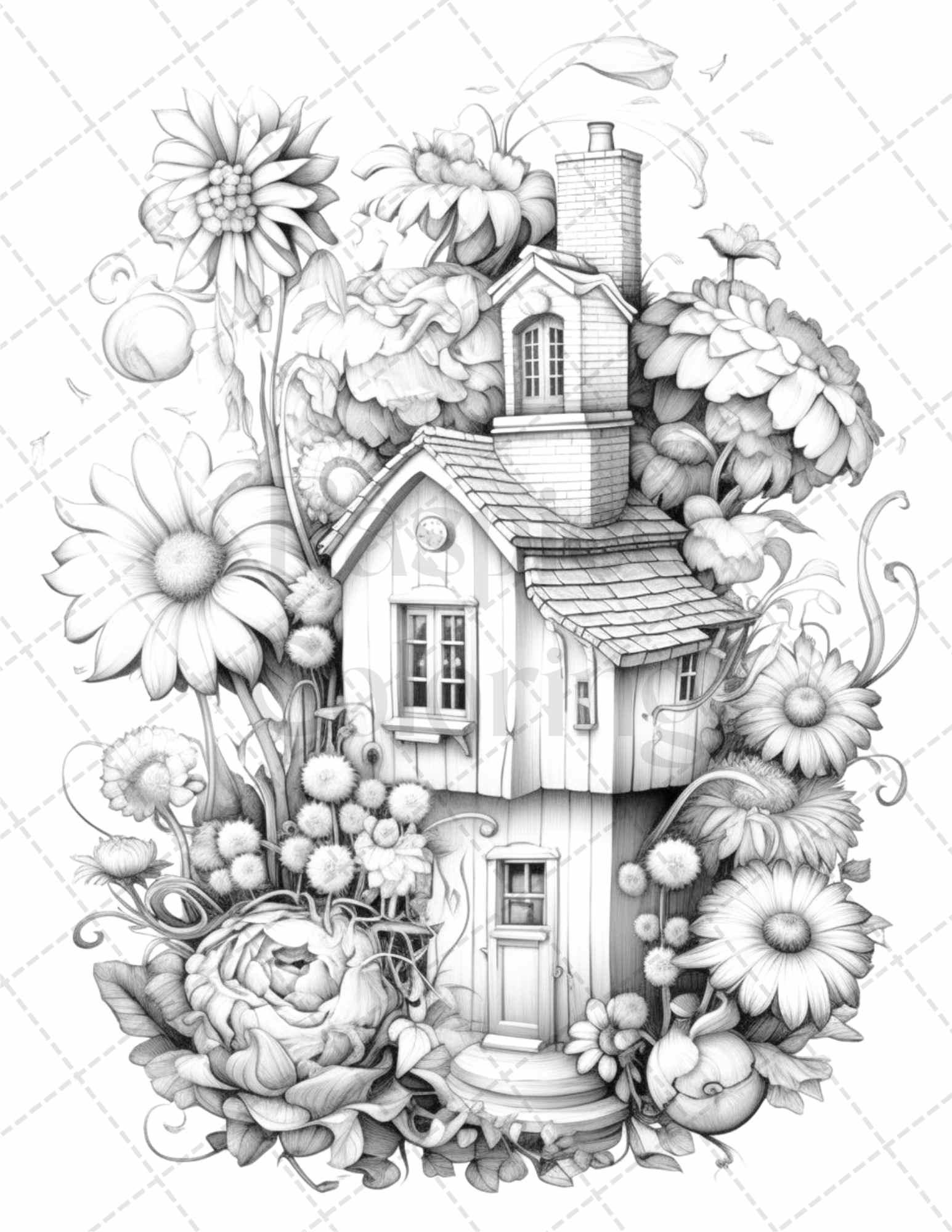 60 Flower Houses Grayscale Coloring Pages Printable for Adults, PDF File Instant Download