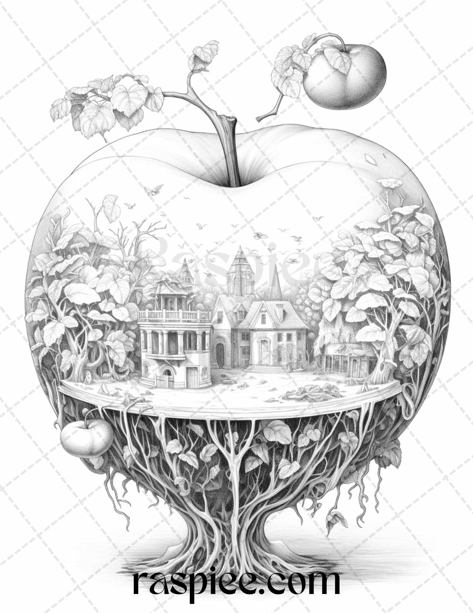 60 Miniworld in the Apple Grayscale Coloring Pages Printable for Adults, PDF File Instant Download