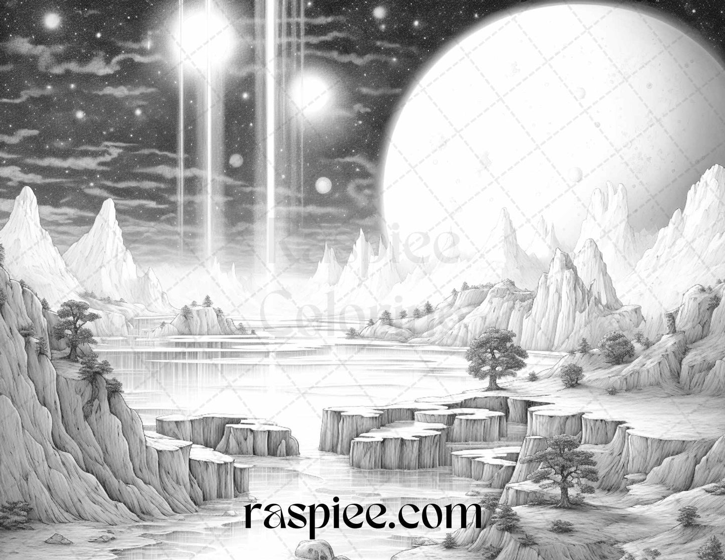 55 Celestial Landscapes Grayscale Coloring Pages Printable for Adults, PDF File Instant Download