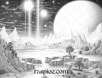55 Celestial Landscapes Grayscale Coloring Pages Printable for Adults, PDF File Instant Download