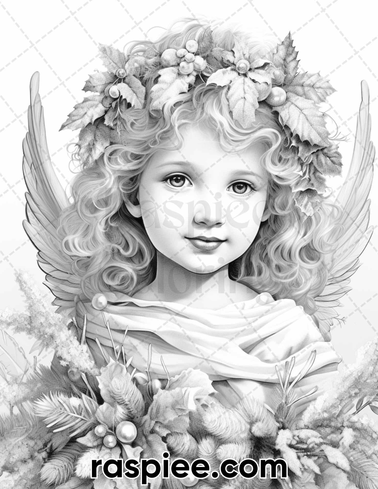 55 Christmas Angel Grayscale Coloring Pages for Adults, Printable PDF Instant Download