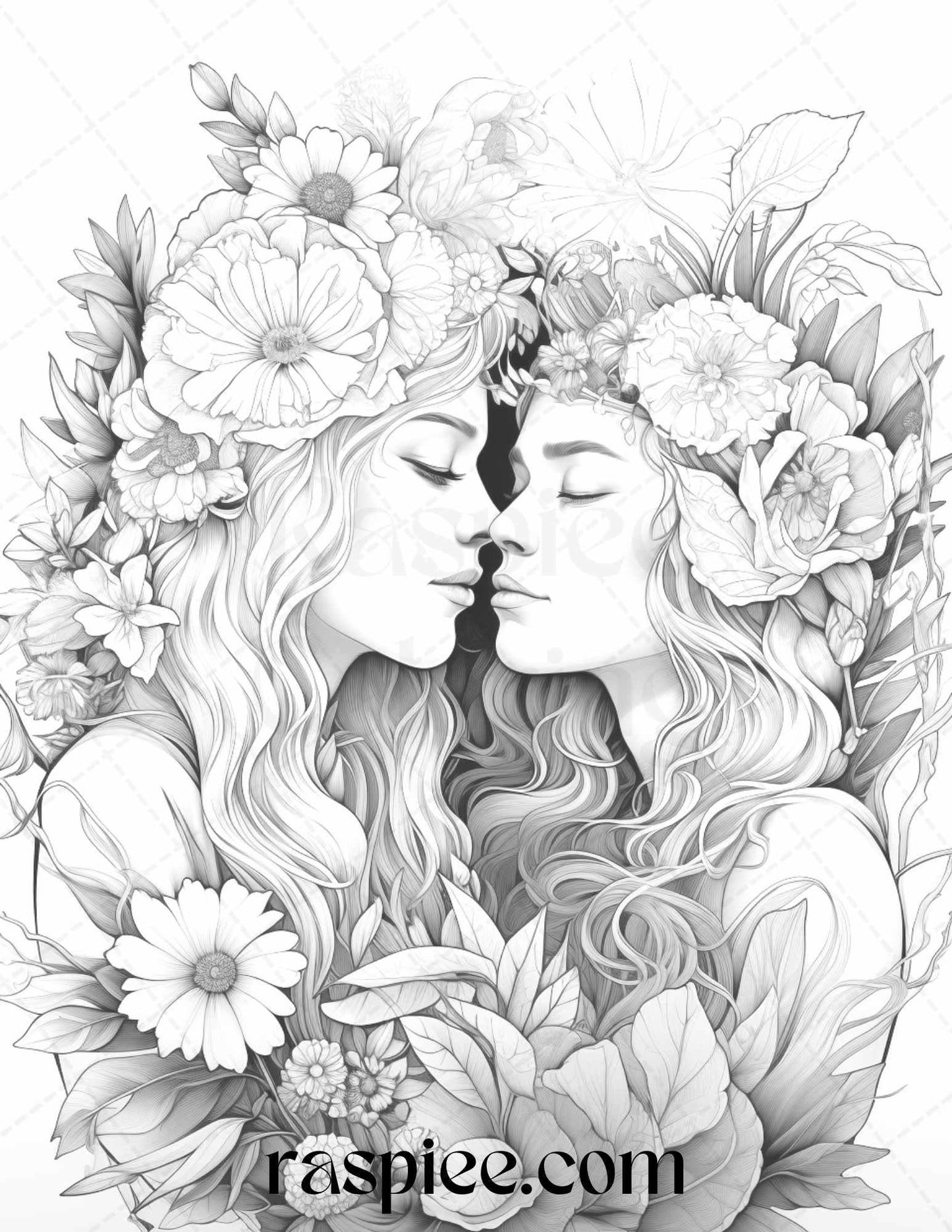 50 Romantic Couple Flowers Grayscale Coloring Pages Printable for Adults, PDF File Instant Download
