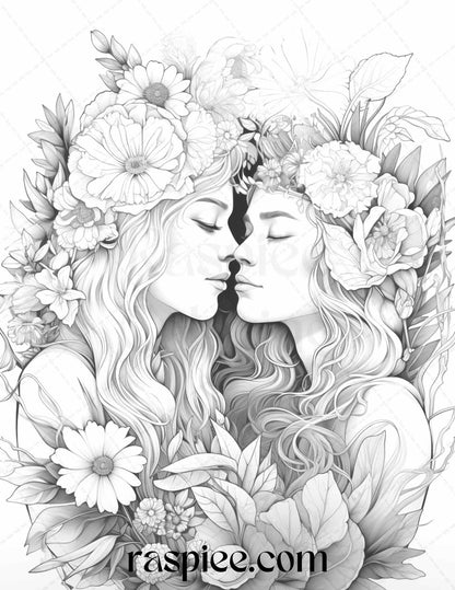 50 Romantic Couple Flowers Grayscale Coloring Pages Printable for Adults, PDF File Instant Download