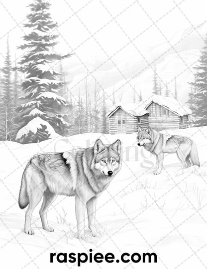 50 Winter Wolf Grayscale Coloring Pages for Adults, Printable PDF Instant Download