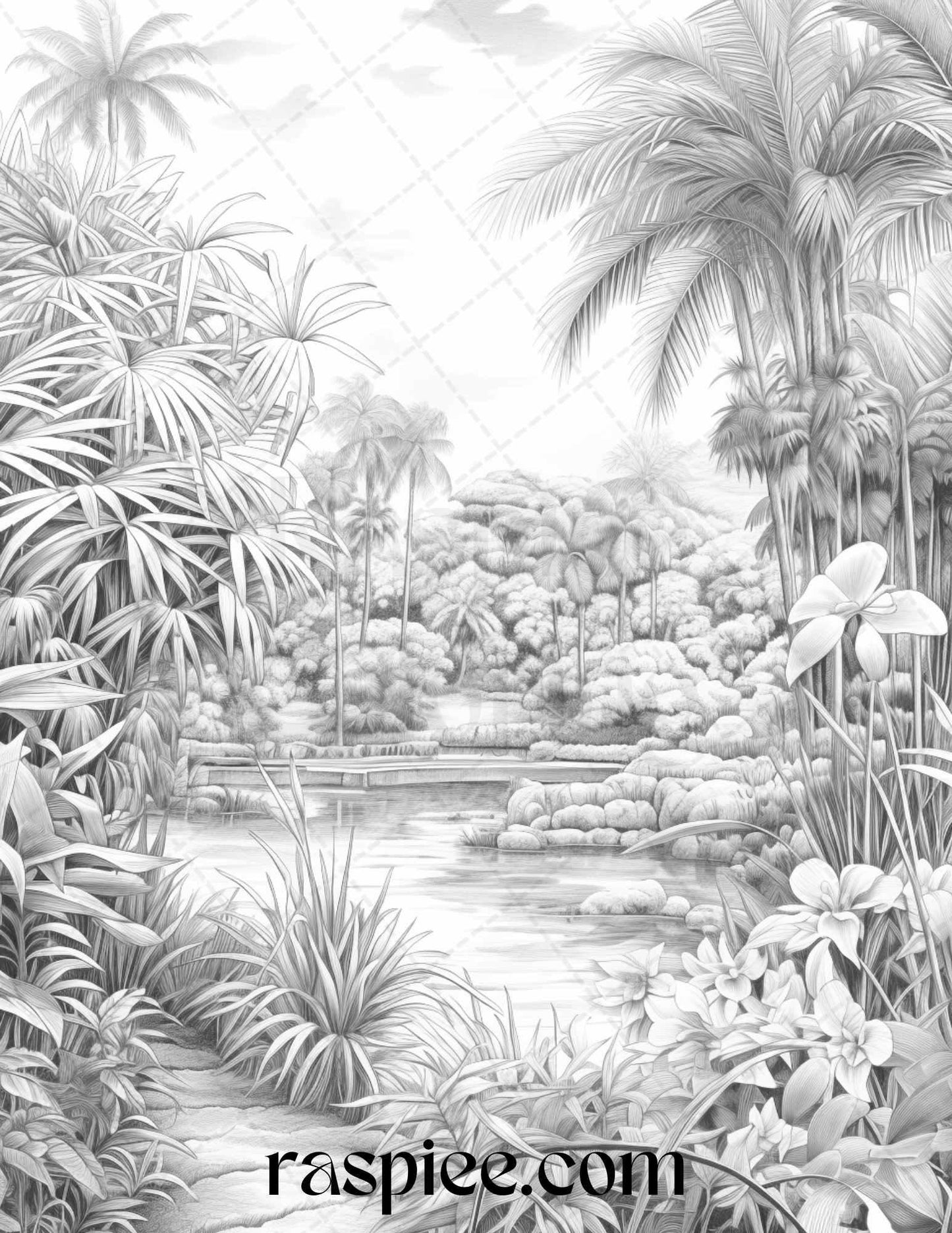 52 Tropical Oasis Grayscale Coloring Pages Printable for Adults, PDF File Instant Download