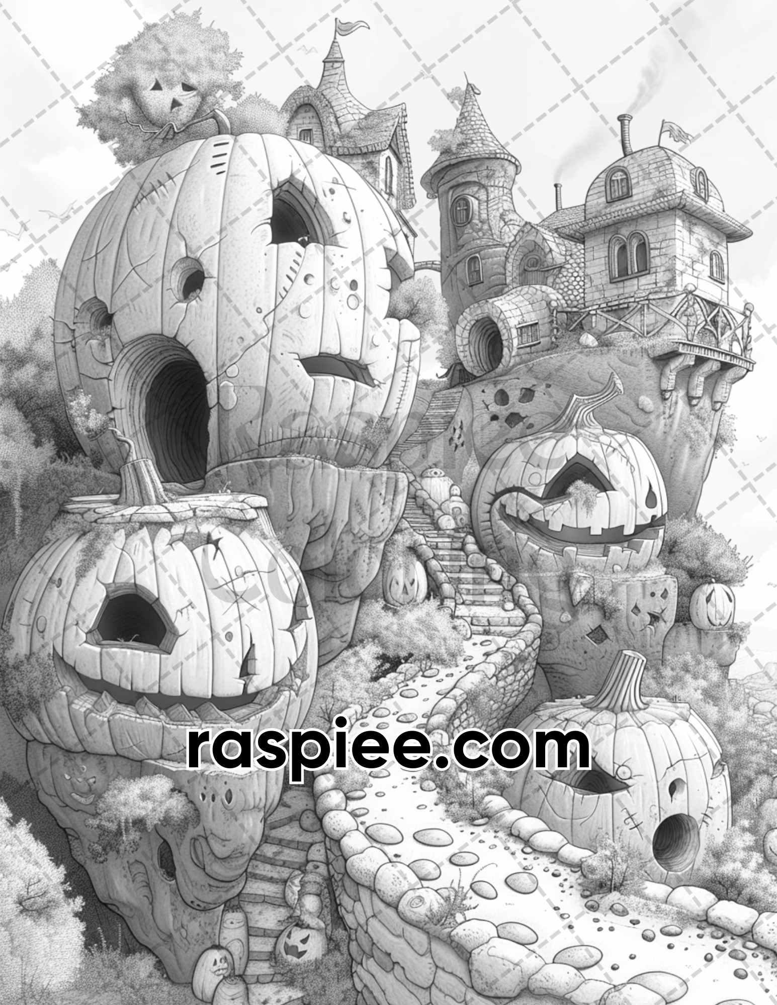 65 Fantasy Pumpkin Village Grayscale Adult Coloring Pages, Printable PDF Instant Download