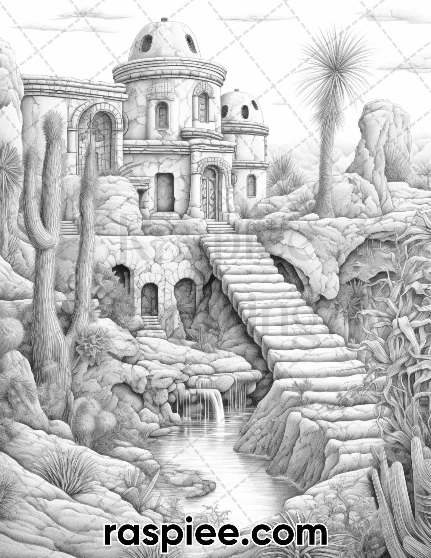 55 Desert Oasis Fairy Homes Grayscale Coloring Pages for Adults, Printable PDF Instant Download