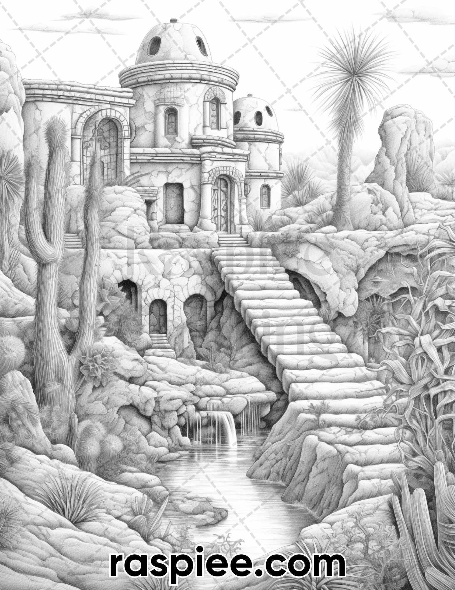 55 Desert Oasis Fairy Homes Grayscale Coloring Pages for Adults, Printable PDF Instant Download