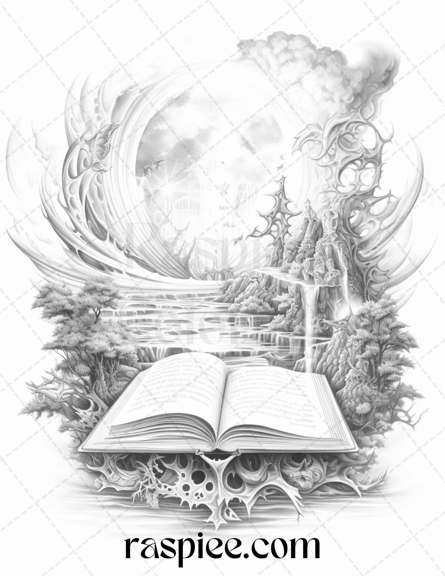 50 Magical Books Grayscale Coloring Pages Printable for Adults, PDF File Instant Download