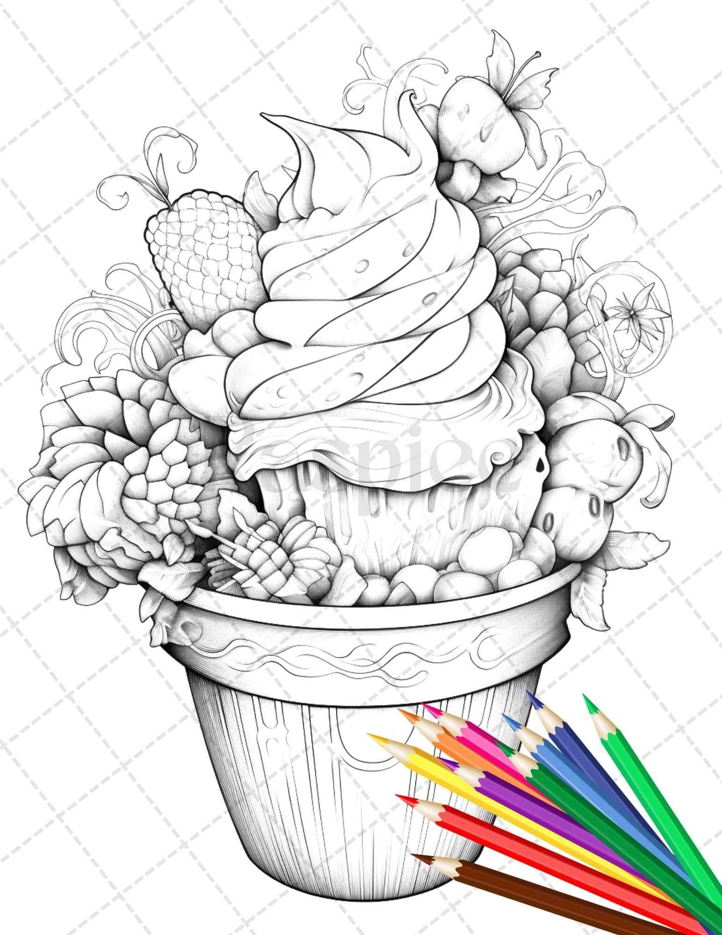52 Printable Ice Cream Desserts Coloring Pages for Adults and Kids, Grayscale Coloring Page, PDF File Instant Download
