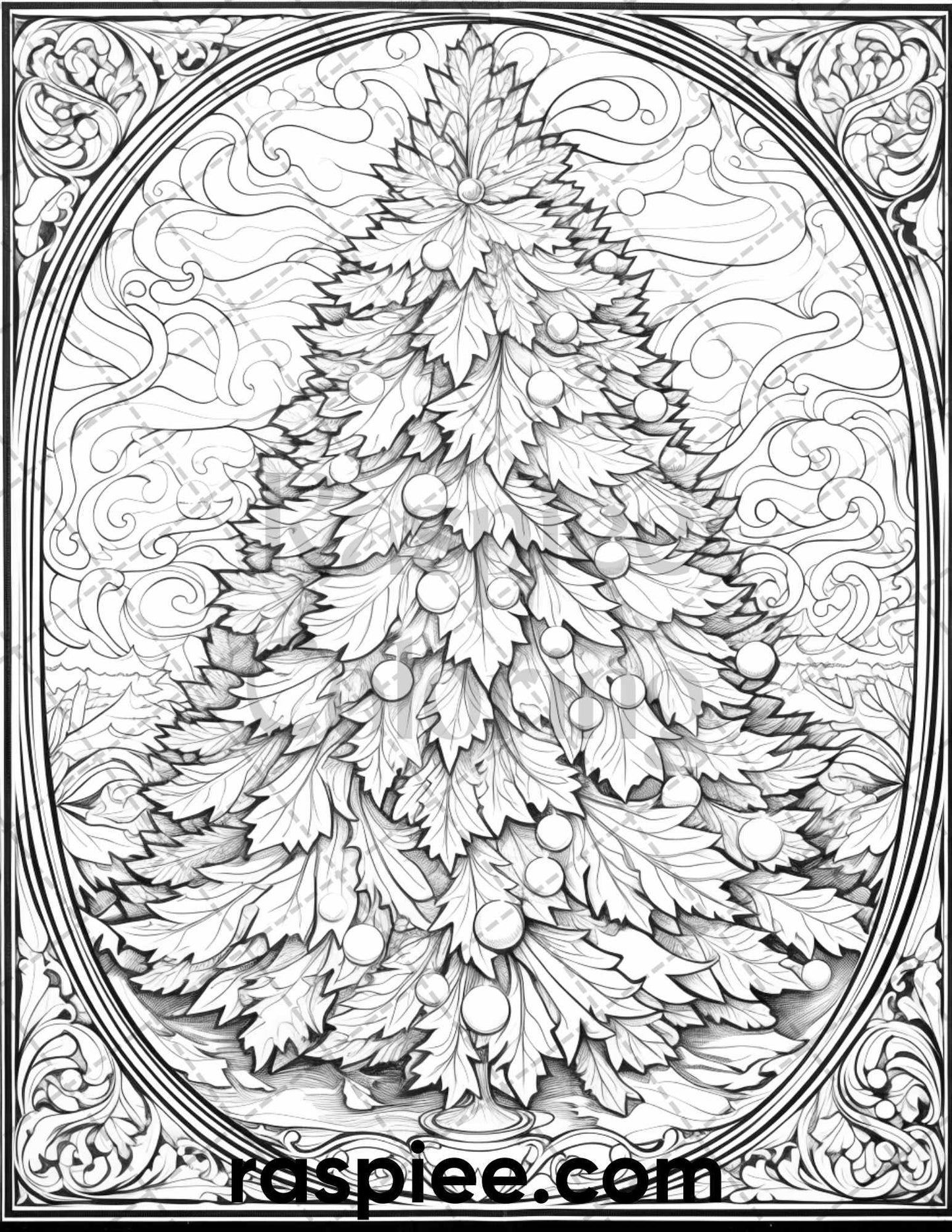 50 Christmas Stained Glass Grayscale Coloring Pages for Adults, Printable PDF File Instant Download