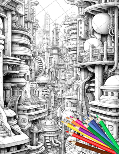 50 Futuristic Metropolis Grayscale Coloring Pages Printable for Adults, PDF File Instant Download
