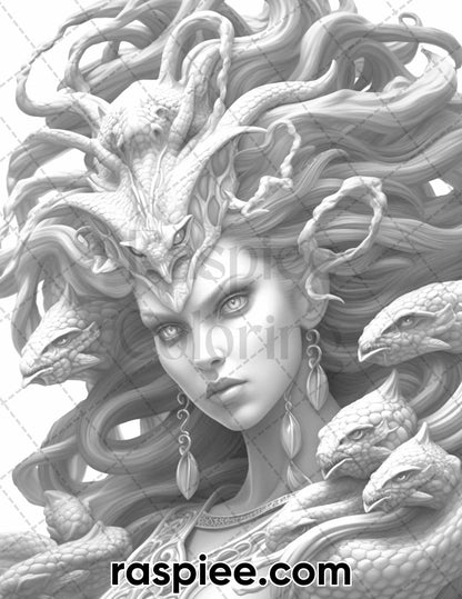 60 Mythical Creatures Grayscale Coloring Pages for Adults, Printable PDF Instant Download