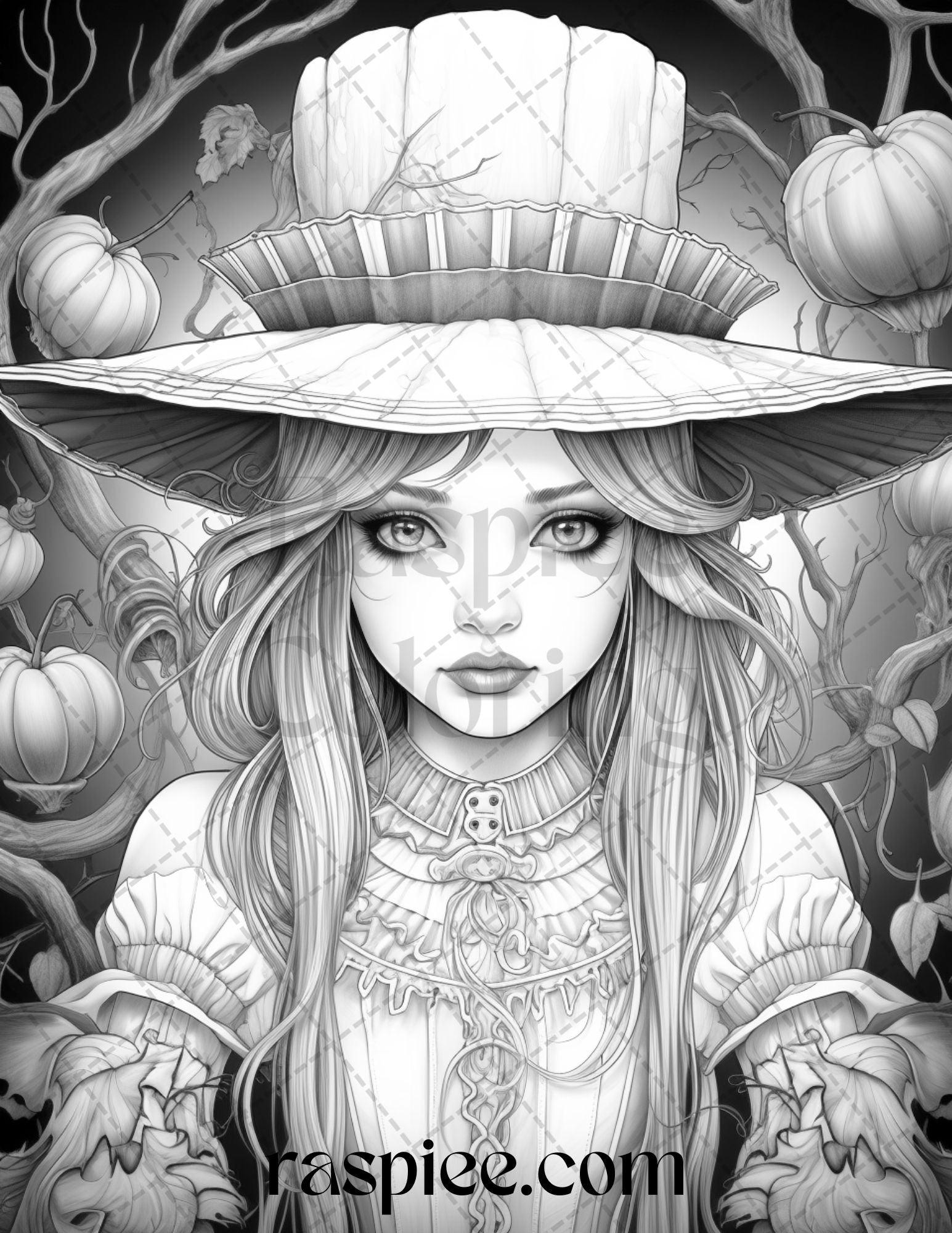55 Halloween Girls Grayscale Coloring Pages Printable for Adults, PDF File Instant Download