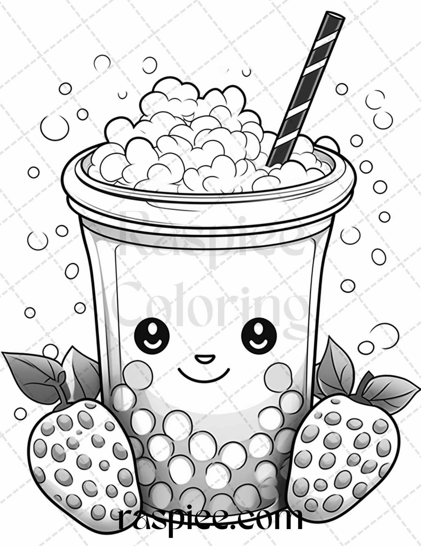 50 Cute Kawaii Boba Tea Grayscale Coloring Pages for Adults and Kids, Printable PDF File Instant Download