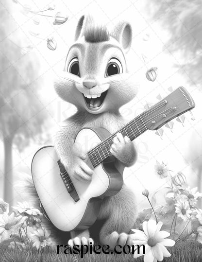 52 Adorable Squirrels Grayscale Coloring Pages Printable for Adults Kids, PDF File Instant Download