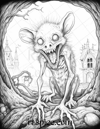 66 Horror Zombie Animals Grayscale Coloring Pages Printable for Adults, PDF File Instant Download