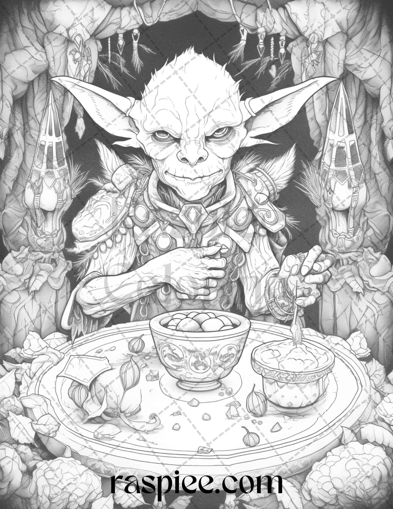 Fantasy Goblins Grayscale Coloring Pages Printable for Adults, PDF File Instant Download