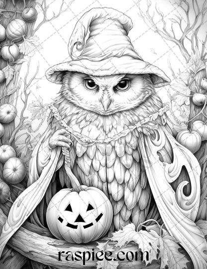 Halloween Witch Owl Grayscale Coloring Pages for Adults and Kids, Printable PDF Instant Download